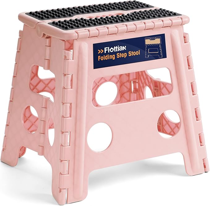 Flottian 13" Folding Step Stool for Adults and Kids Holds Up to 300 lbs,Non-Slip Folding Stools with Handle, Compact Plastic Foldable Step Stool for Bathroom,Bedroom, Kitchen,Sakura Pink,1PC