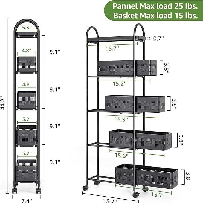 KINGRACK Slim Storage Cart with Drawer, 5-Tier Rolling Utility Cart on Wheels, Narrow Metal Cart for Space Save, Easy Assembly for Kitchen Cart, Craft Cart, Laundry, Bathroom, Nursery Organizer