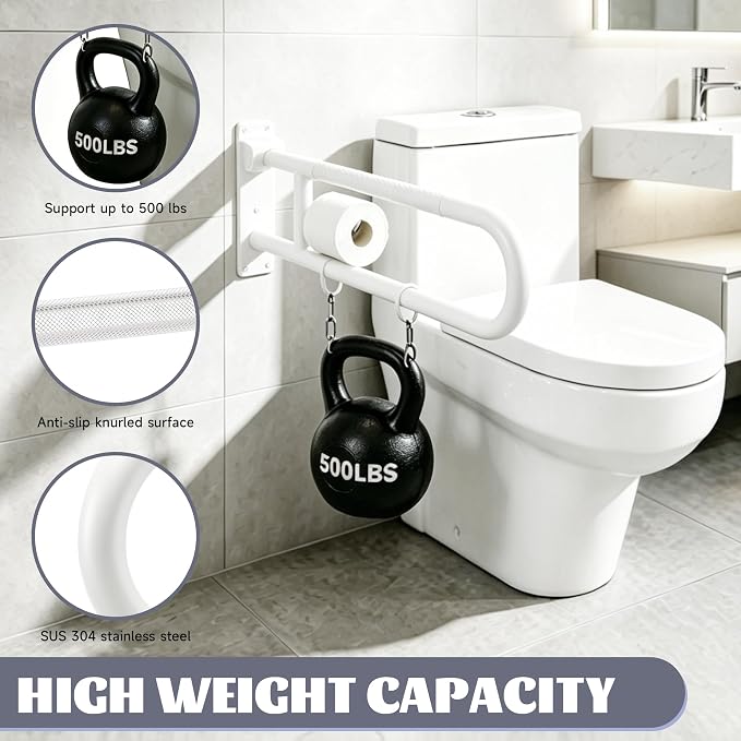 30.3 Inch Toilet Grab Bar, HUAS White Anti Slip Bathroom Toilet Safety Rails, U Shaped Flip-Up Handicap Grab Bars w/Paper Holder, Stainless Steel Support Handrail for Elderly Disabled Senior