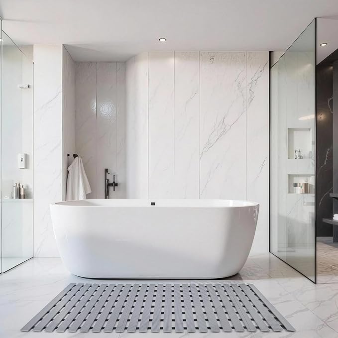 Grey Weighted Non Slip Bathtub Mat Without Suction Cups,Textured TPE Bath Mat for Textured Tub & Shower Surfaces,Doesn't Float, Works on Tile and Stone(33.8”x 17”)