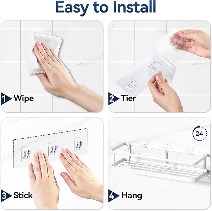 YASONIC Shower Caddy Adhesive, No Drill Bathroom Shower Organizers, with Removable Hooks, Rust Proof Shower Shelves, Wall-Mounted Shower Holder, White, 2 Pack
