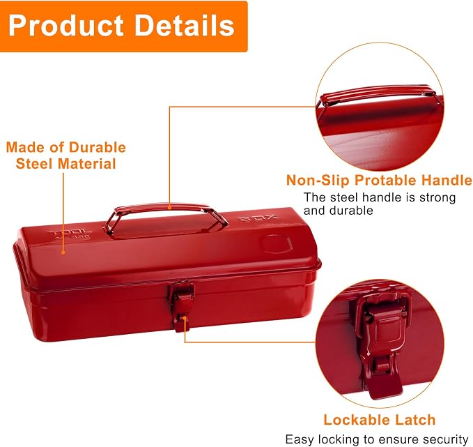 HARFINGTON Tool Box 14.2" Portable Steel Tool Box Hip Roof Style with Metal Latch Closure Tool Chest for Household Workshop Car, Red