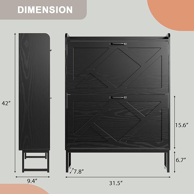 Nicetree Shoe Storage Cabinet with 2 Flip Drawers, Freestanding Shoe Organizer, Shoe Cabinet with Metal Legs, Farmhouse Slim Shoe Cabinet for Entryway, Foyer, Hallway, Black