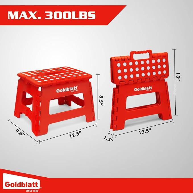 Goldblatt 8.5" Folding Step Stool for Adults and Kids, Lightweight Heavy-Duty Plastic Portable Foldable Stool with Non-Slip Top and Anti-Skid Feet, 300 lbs Capacity, Kitchen & Bathroom, Red