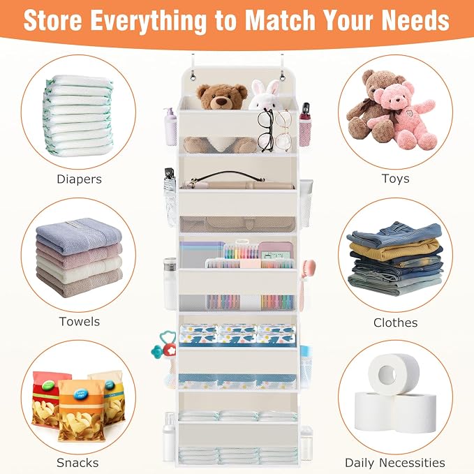 WISELIFE Over The Door Organizer - 5 Shelves Large Capacity Hanging Bedroom Storage Solution with Side Pockets for Dorm Bathroom Pantry Nursery and Baby Essentials Holds up to 40 Lbs (Beige)