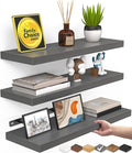 BAYKA Grey Floating Shelves for Wall, Set of 3, Wall Mounted Rustic Wood Shelves for Bathroom, Bedroom, Living Room, Kitchen, Small Hanging Shelf for Books/Storage/Room Decor, 15.7in