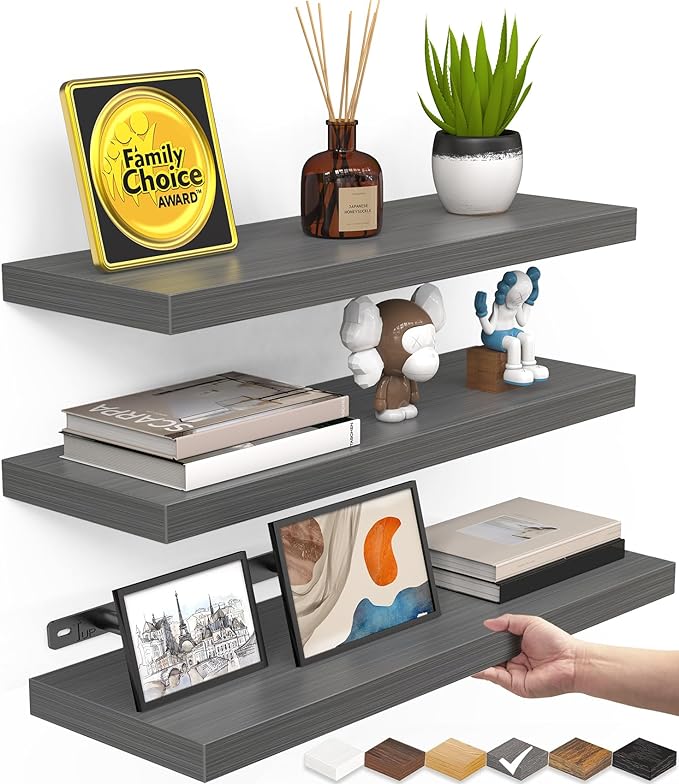 BAYKA Grey Floating Shelves for Wall, Set of 3, Wall Mounted Rustic Wood Shelves for Bathroom, Bedroom, Living Room, Kitchen, Small Hanging Shelf for Books/Storage/Room Decor, 15.7in