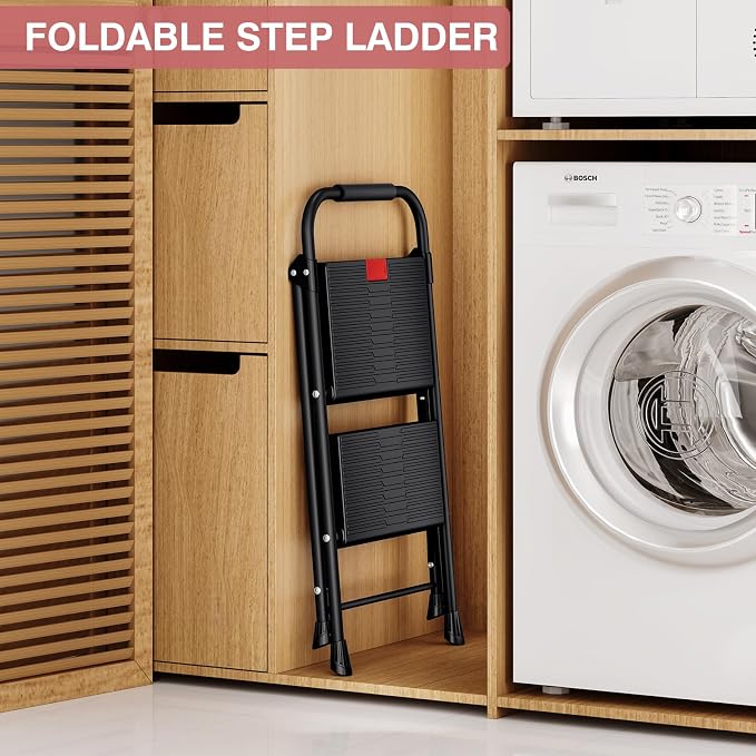 TOOLF 2 Step Ladder, Folding Step Stool with Anti-Slip Wide Pedals & Handrail, Safe-Lock Design, Portable Sturdy Steel Ladder Stool for Home & – Black