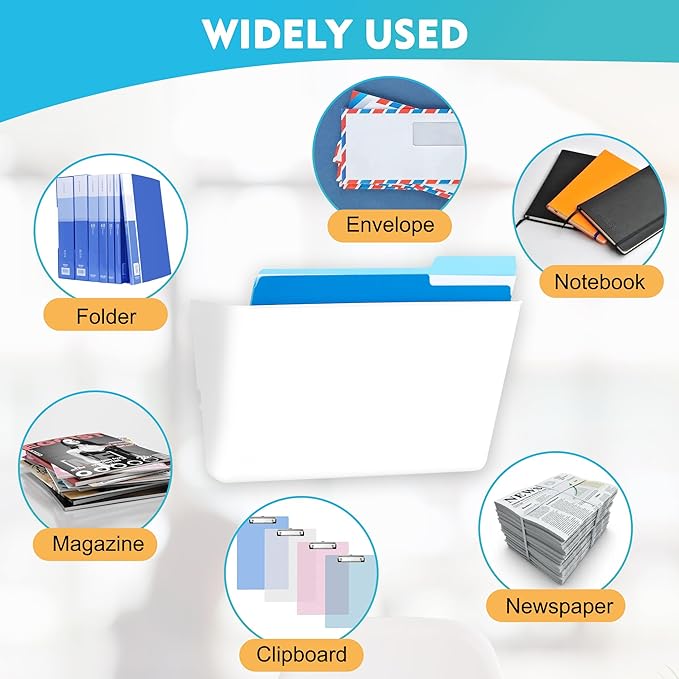 EASEPRES 6 Pack White Plastic Single Pocket Hanging File Organizer, Wall Mount Paper Mails Magazines Holder, Mounted Folder Bins for Office School and Home, 12.99x4.13x7.48 inches