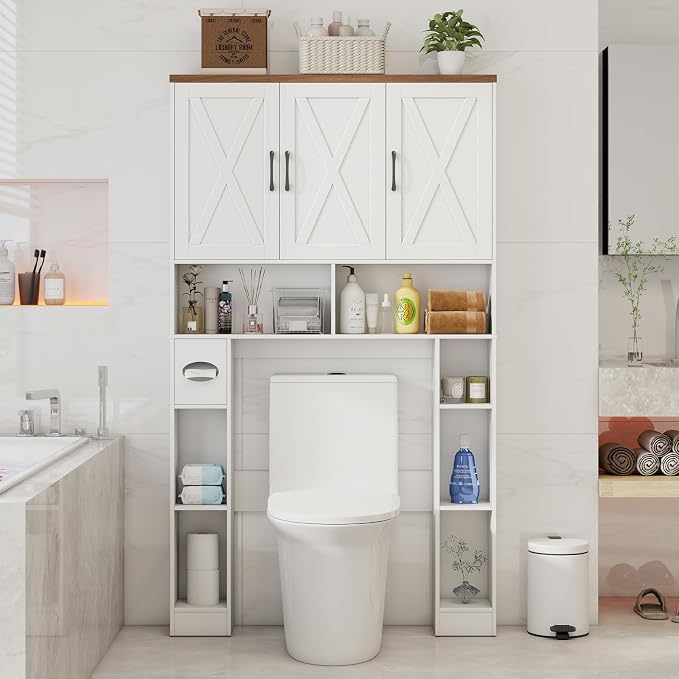 Over The Toilet Storage Cabinet,Farmhouse Toilet Cabinet Rack with 3 Barn Doors,Space Saving Bathroom Organizer with Shelves,Toilet Paper Holder & Towel Rack for Bathroom,Restroom,Laundry,Unique White