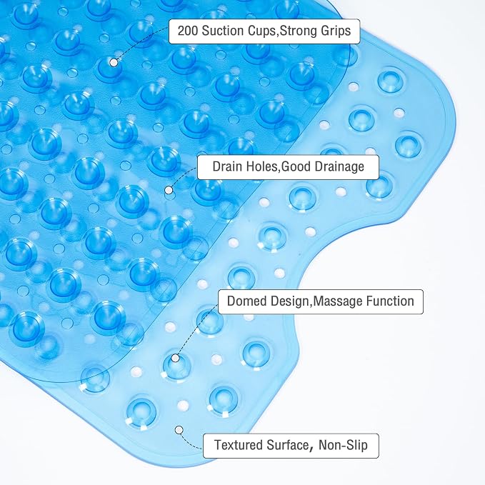 Extra Long Bathtub Mat Non Slip, Clear Blue Soft Bath Mat for Tub 40 x 16 Inch Full Size, Bath Tub Shower Mats for Bathroom Floor, Big Suction Cups and Drain Holes, Easy Washable, BPA Free