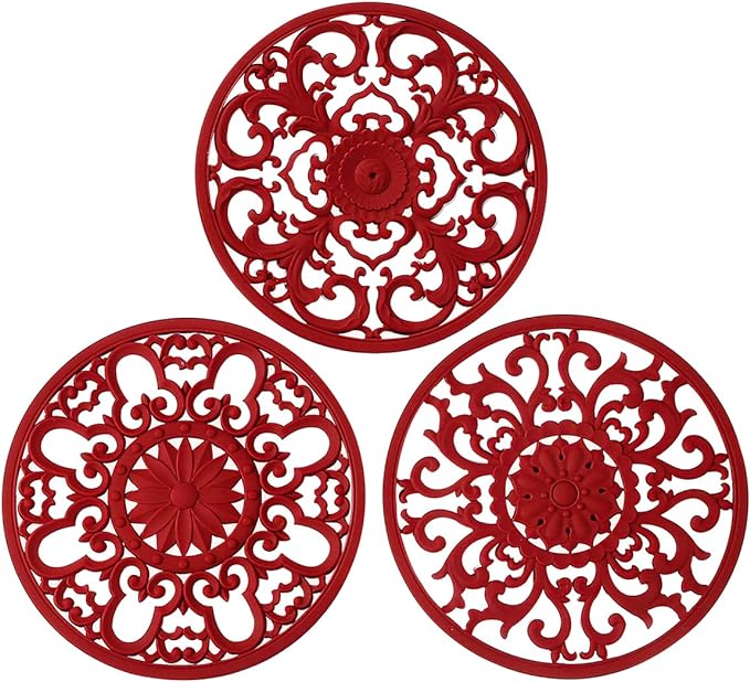 Extra Thick Silicone Trivet Mat for Hot Dishes, Hot Pots and Pans, Pot Holder, Hot Pad to Protect Your Table and Countertop, Kitchen Decor and Accessories,Merlot Red,Set of 3
