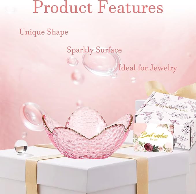 Gifts for Women Trinket Dish Flower Jewelry Dish Pink Glass Ring Holder Jewellery Tray Cute Room Decor Aesthetic Bedroom Accessories Unique Birthday New Home Mothers Day Gifts for Women Friends(2 pcs)