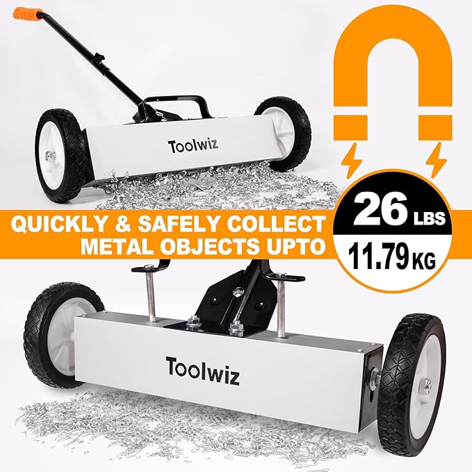 Toolwiz 18 Inches 26 Lbs Magnetic Sweeper Magnetic Pickup Tool with Wheels Telescoping Tool Holder with Quick Release Latch and Extension Handle Heavy Duty Metal Pick Up