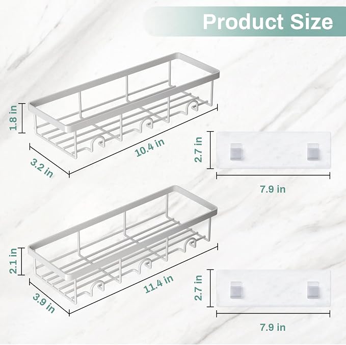 White Shower Caddy Organizer, 2 Pack Adhesive Shampoo Holder Basket Shelves for Storage and Organization, Wall Suction Bath Bathtub Rack Set for RV Camper, Bathroom Restroom Decor and Accessories