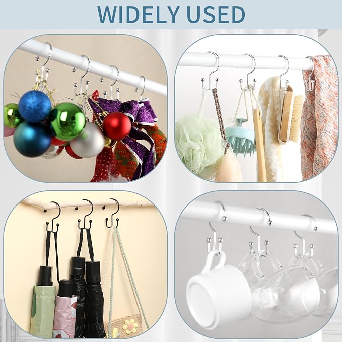 Goowin Shower Curtain Hooks, 12 Pcs Shower Curtain Rings, Durable Rust Proof Silver Shower Curtain Hooks, Shower Rings for Curtain, Double Glide Shower Hooks for Shower Curtain Rods, Chrome