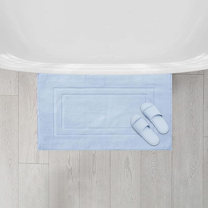 Feather & Stitch 2 Piece Towel Like Bath Mats (30x21 Inch) 100% Cotton Terry Bath Mats, Bathroom Shower Floor Mats [NOT A Bathroom Rug], Soft Absorbent Washable Mats - Sky Blue