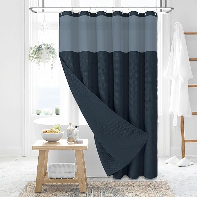 Dynamene 78 Inch Long Shower Curtain, Tall Waffle Fabric Shower Curtains for Bathroom, Hotel Waterproof Cloth Shower Curtain Liner Set with Hooks, Snap in Liner, Mesh Top Window, Navy Blue, 72x78