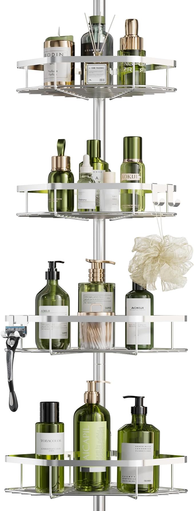 LAMU Shower Caddy Corner Tension Pole, Stainless Steel Shower Organizer, Strong Spring, 5 Adhesive Pads, 2.4 in Non-Slip Grid Base, Adjustable 4-Tier Basket, 4 Hooks, Fits Heights 37.8-124 in, Silver