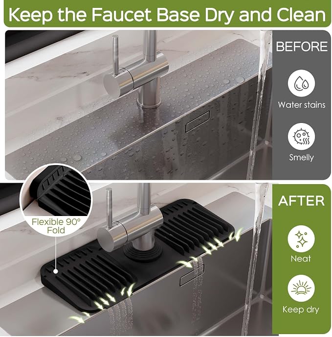 15 Inch Silicone Faucet Mat for Kitchen Sink Splash Guard – 2025 Upgraded Draining Mat with Water Tray Behind Faucet – Countertop Protectors to Catch Spills (Black, 14.6" x 5.5")