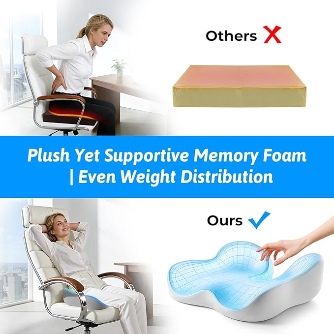 Seat Cushion for Tailbone & Sciatica Pain Relief - Plush Yet Supportive Ergonomic Memory Foam Chair Cushions for Office Chair, Car, Wheelchair,Airplane & Long Sitting(Light Gray)
