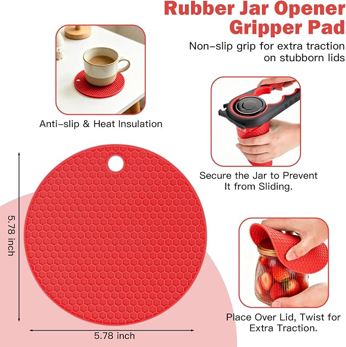 Jar Opener Set - 6-in-1 Adjustable Jar Opener Can Opener, 4-in-1 Bottle Opener Lid Opener & Rubber Jar Gripper, Multifunctional Kitchen Gadget for Seniors, Arthritis, Weak Hands (Red&Black)