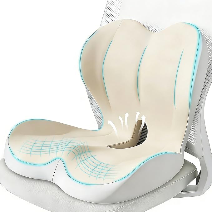 Seat Cushion for Office Chair and Car, Lumbar Support Pillow for Office Chair, Memory Foam Ergonomic Seat Cushion for Long Sitting, Back & Tailbone Pain, Sciatica - Beige & Gray