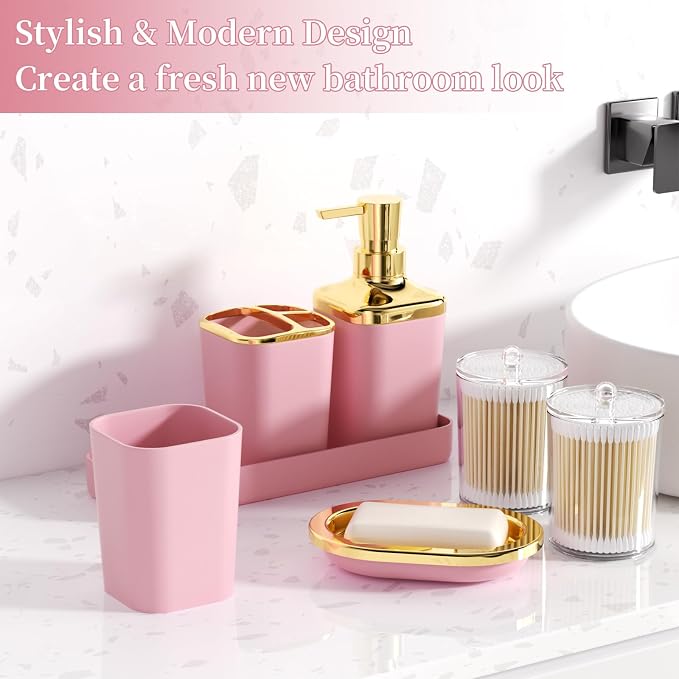 XLHOMO Bathroom Accessories Set - 26PCS Pink Bathroom Set, Bathroom Accessory Set with Shower Curtain and Rugs and Bathtub Mats for Home