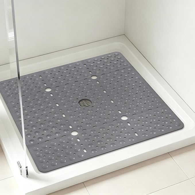 ZOESOE Square Shower Mat Non Slip: 27 x 27 Inches Large Shower Mats for Inside Shower, Soft TPE Shower Floor Mat with Suction Cups and Drain Holes, Machine Washable