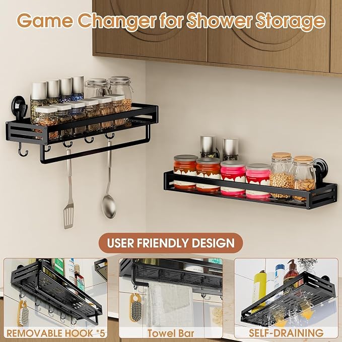 Suction Cup Shower Caddy,11.8 inch Extended Version, with 5 Hooks & Towel Rrack, No Drilling Required, Rust-resistant Bathroom Shower Organizer (1Pack-Black)
