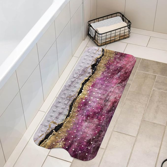 LNOND Marble Bath Tub Mat Non Slip, Extra Long 40 X 16 Inch Anti Slip Mat for Bathtub, Pink Gold Marble Shower Mat with Drain Holes and Suction Cups, Machine Washable