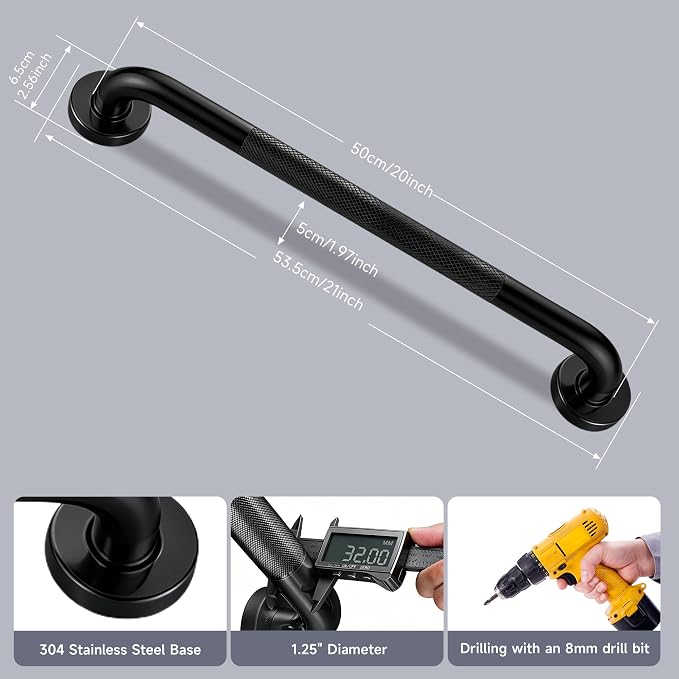 20 Inch Shower Grab Bar 1.25" Dia, 2 Pack Black Anti Slip Bathroom Grab Bar, 304 Stainless Steel Knurled Handicap Grab Bars, Safety Support Handrail,Bath Shower Handle for Elderly Injury Senior