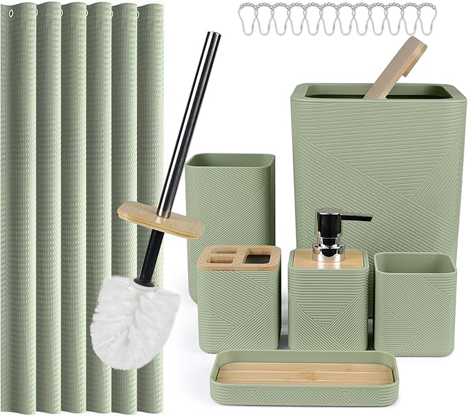 CERBIOR Bathroom Accessory Set with Shower Curtain, Includes Shower Curtain,Soap Dispenser, Toothbrush Holder, Toothbrush Cup, Soap Dish for Decorative Countertop and Housewarming Gift,Green,20PC