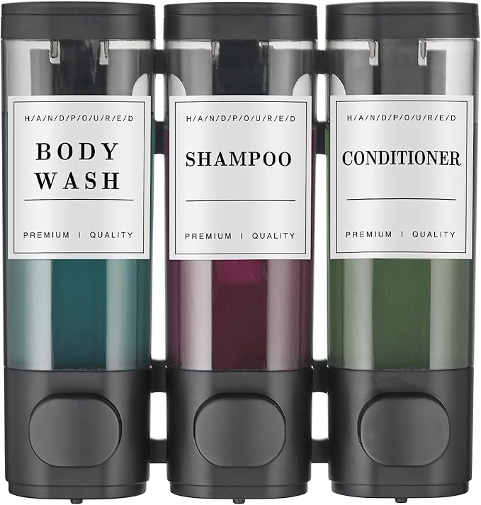 Shampoo and Conditioner Dispenser Shower Dispenser Body Wash Wall Mounted Shampoo Dispenser for Shower Wall No Drill for Bathroom Hotel 3 Chamber x 300ml Black with Waterproof Labels