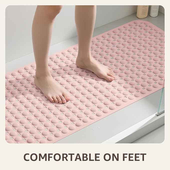 OTHWAY Bath Tub Shower Mat Non Slip, Bathtub Floor Liner Mats for Inside Shower Bathroom, Suction Cups and Drain Holes for Feet Scrubbing, Machine Washable, Soft on Feet, 35x16 Inch, Light Pink