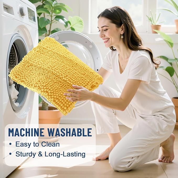 Grandaily Chenille Striped Bathroom Rugs 59x20, Extra Thick and Soft Absorbent Bath Mats, Rubber Backing, Plush Shaggy Shower Carpet, Machine Wash Dry, Bath Rug for Bathroom, Light Yellow
