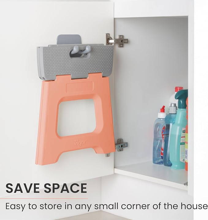 Vigar Compact Folding Step Stool - 12-1/2 Inch Foldable Step Stool for Adults, Lightweight Portable Stool with Handle, Non Slip Step Stool, Space-Saving Stool up to 330 lb - Sunrise Orange