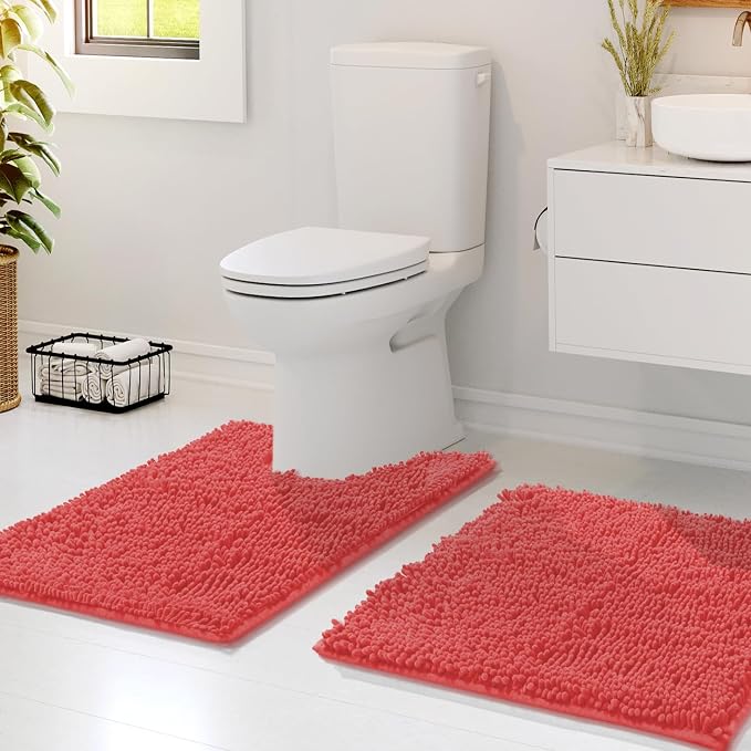 Hearth & Harbor Bathroom Rugs, Chenille Bath Mat - Machine Washable Bath Mats for Bathroom Non-Slip Backing Rubber, Quick Dry Bathroom Mat - Rose 17x24-20x24