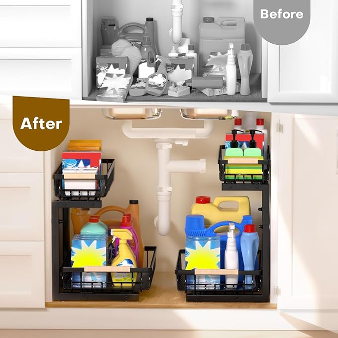 Under Sink Organizer, Heavy-Duty & Rust-Resistant Carbon Steel Metal, 2 Tier Pull Out Under Bathroom Sink Storage, Adjustable Height (13.8" -16.9"), Organizer for Kitchen Cabinet(2PCS,Black)