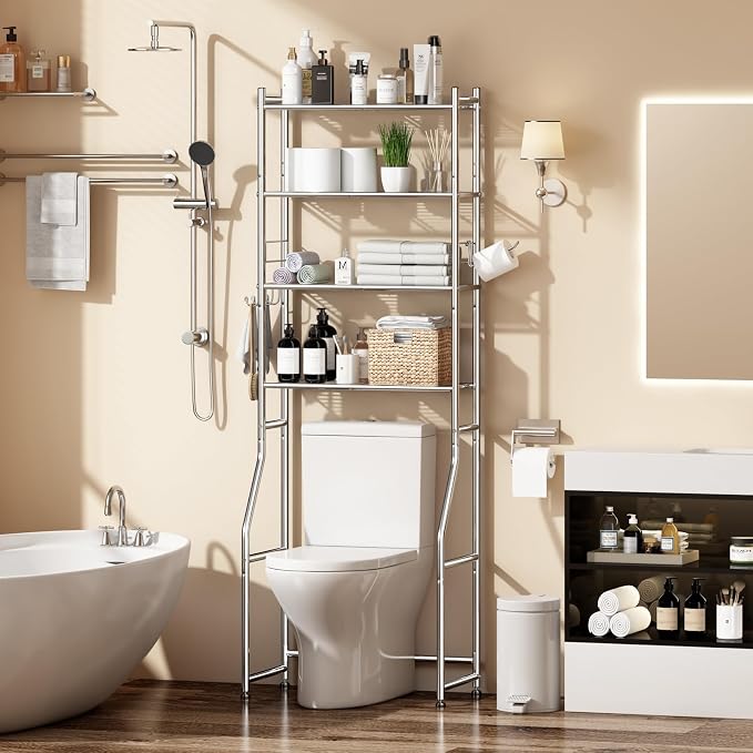 Ekisemio Over the Toilet Storage Cabinet, Metal 4 Tier Bathroom Shelves Over Toilet, Bathroom Oragnizer with 4 Hooks and Paper Holder, Chrome