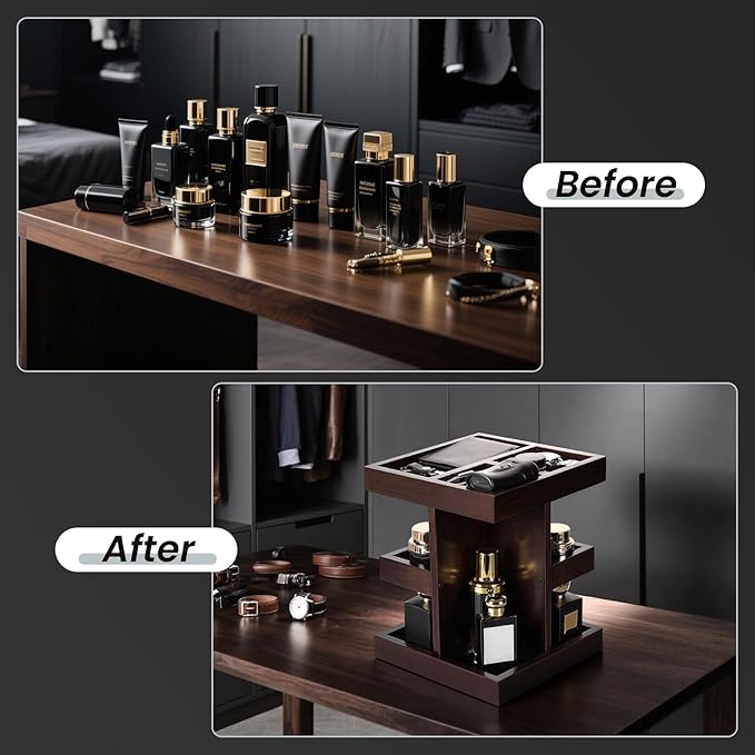 EXIN DECHEN Cologne Organizer for Men,Cologne Stand,3 Tier Wooden Perfume Shelf with Rotate,Desk Organizer,Gift for Dad From Wife,Husband Boyfriend Birthday Gift Ideas,Fathers Day Gift for Men