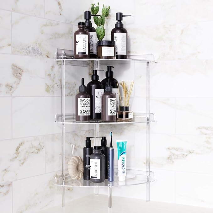 Bakzon Corner Shower Caddy, 3 Tier Acrylic Shower Organizer Corner for Inside Shower, Rustproof Floor Standing Shower Shelves for Bathroom, Clear