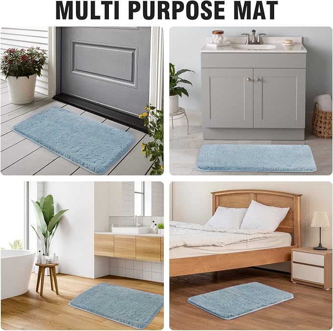 TECHMILLY Super Soft Shaggy Bathroom Runner Rugs, Absorbent Thick Non Slip Microfiber Bath Rugs, Quick Dry Machine Washable Bath Mat for Bathroom Floor, Bathtub and Shower 20"x47" Blizzard Blue