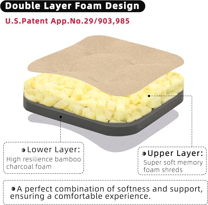GOFORIT Memory Foam Cushion，Square Seat Cushions for Dining Chairs,Non-Slip Chair Pads with Removable Cover, 16'' x 16'', 4 Pack,Khaki