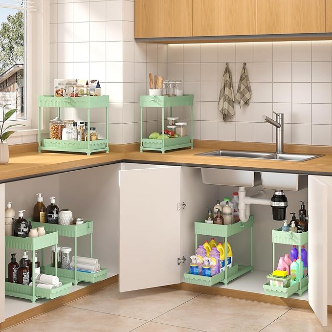 Sevenblue 3 Pack Under Sink Organizers, 2-Tier Multi-Use Kitchen and Bathroom Organizers and Storage with Sliding Drawers, Bathroom Cabinet Organizer (Green, 14.8 Inch)