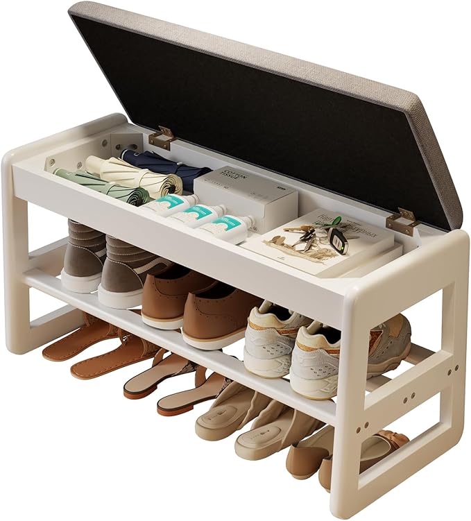 AQIMUELE Shoe Rack Bench,2 Tiers Shoe Bench with Storage with Flip-Top,Wood Shoe Rack for Entryway,Hallway（White Upholstered Seat,11.8" D x 31.5" W x 15.7" H）