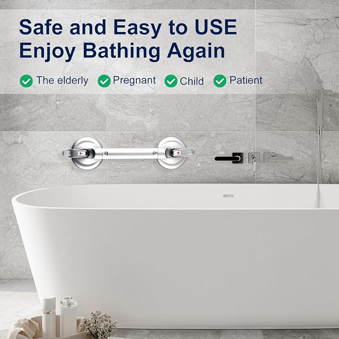𝗨𝗽𝗴𝗿𝗮𝗱𝗲𝗱 Suction Cup Grab Bars for Bathtubs and Bathroom, Tool Free Shower Handle, Grab Handle for Elderly Suction with Indicators, Shower Grab Bar for Seniors, Heavy Duty,Sliver