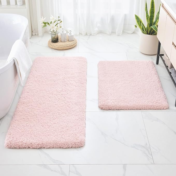 Disolla Bathroom Rugs 24x48 Non Slip Fluffy Bath Mat for Bathroom Floor Washable Plush Luxury Bath Rug for Tub Soft Shaggy Absorbent Shower Sink Mat, Sakura Pink