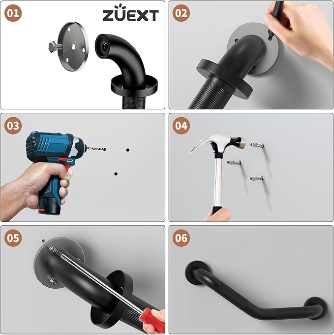 16 Inch Angled Grab Bar, ZUEXT Anti Slip Black Shower Grab Bar Handles, Stainless Steel Knurled Bathroom Balance Bar, Safety Hand Rail Support,Handicap Elderly Injury Senior Assist Bath Handle