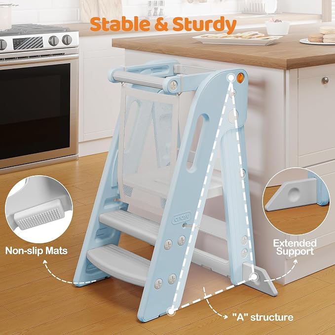 Onasti Adjustable Height Toddler Tower, Space Saving Kids Kitchen Step Stool with Removable Safety Net, Non-Slip Standing Platform for Toddlers 1.5-6 Years-Blue